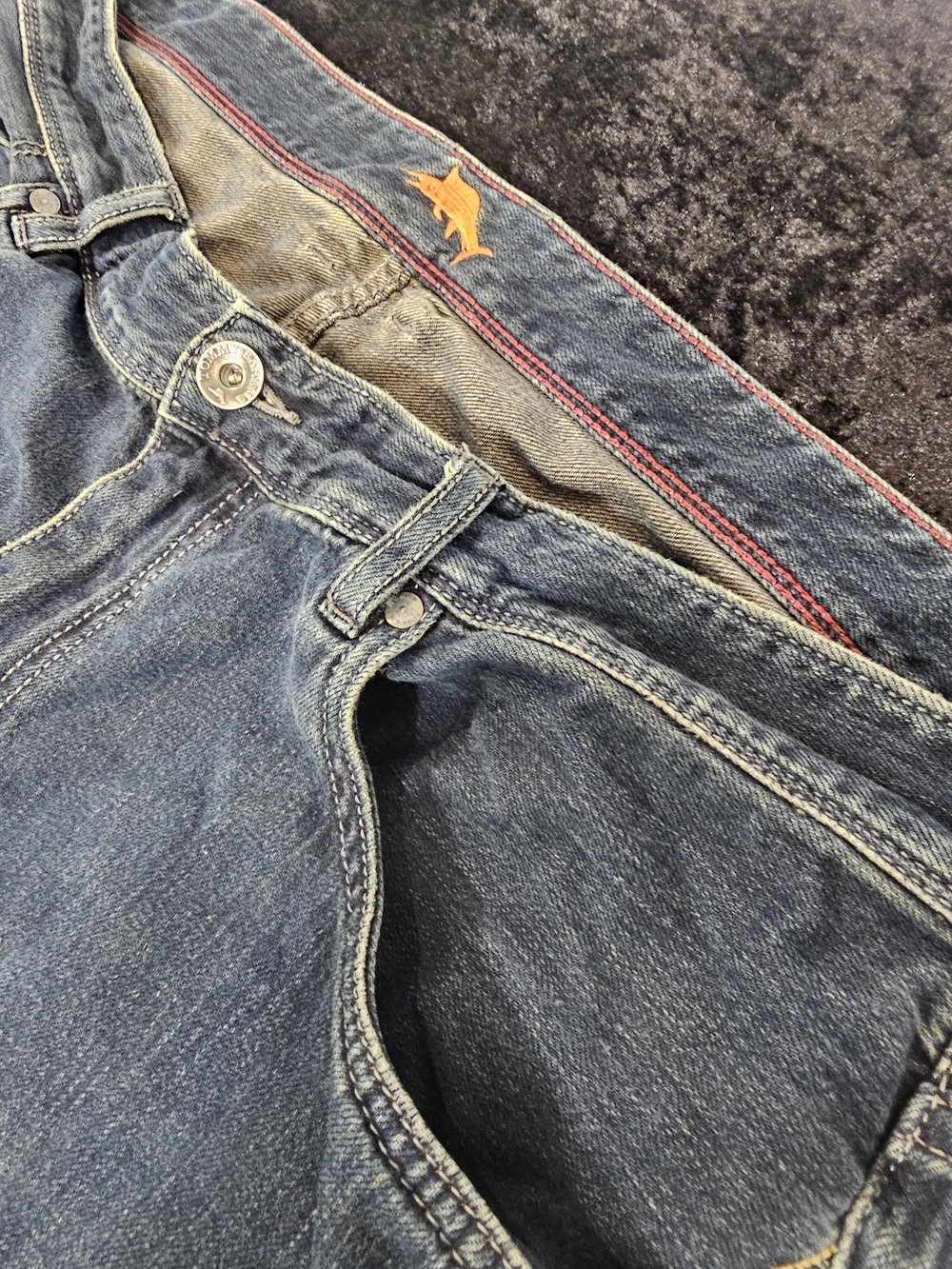 Tommy Bahama Men's Dark Blue Bootcut Jeans with Orange Logo